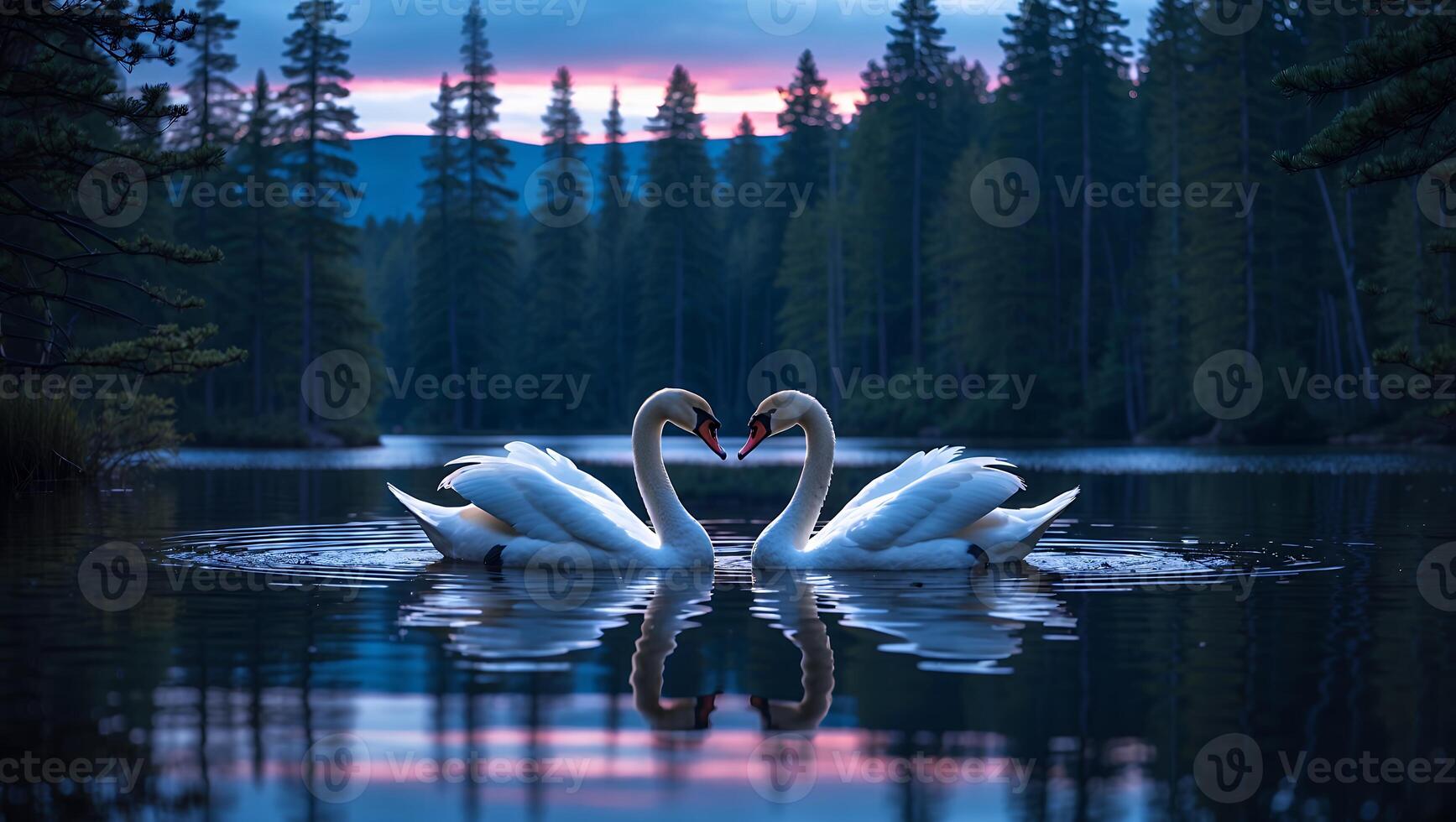 Swans Forming Heart Shape on Lake at Dusk with Forest Backdrop photo