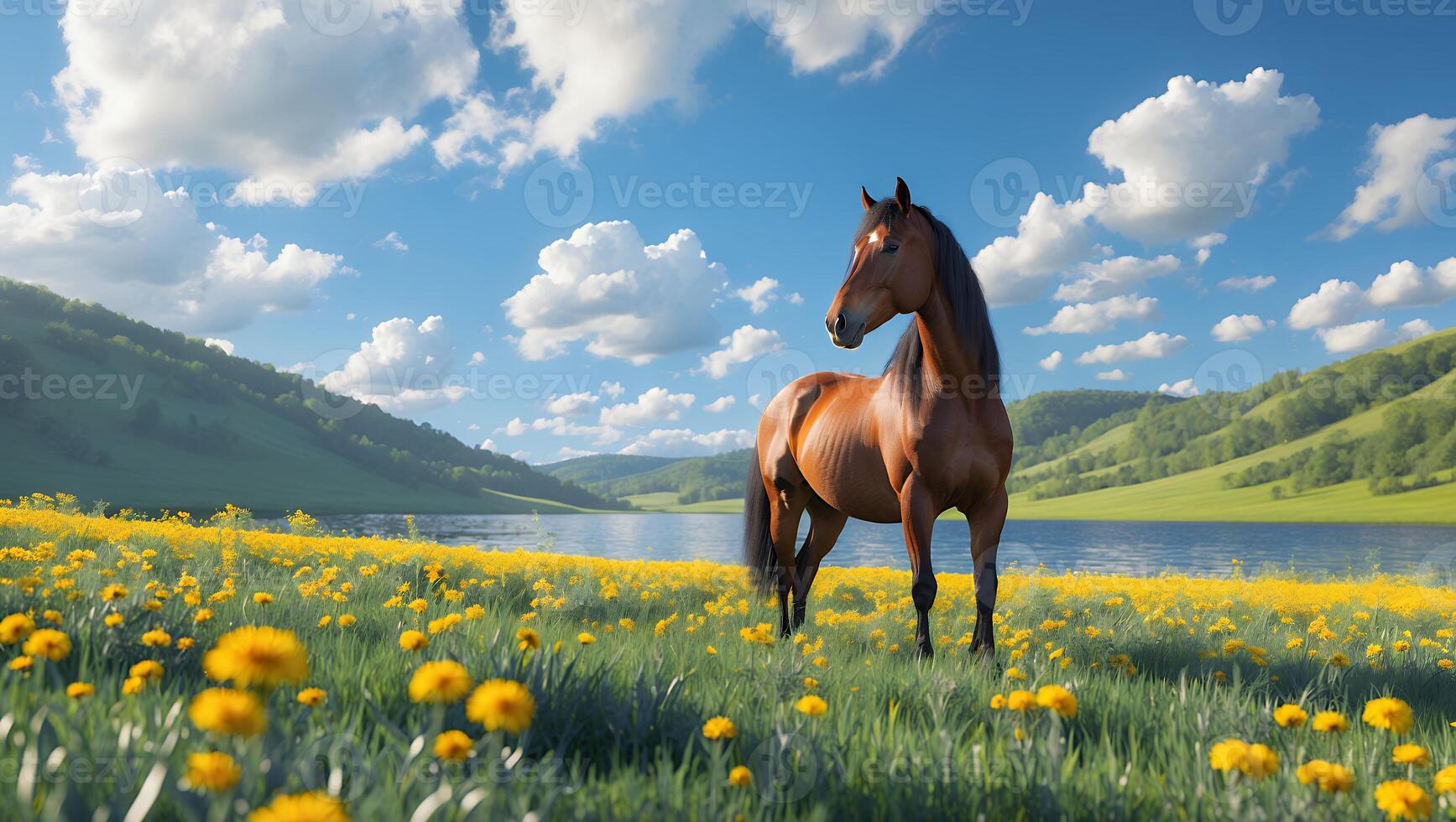 Horse Standing in a Meadow of Yellow Flowers by a Lake photo