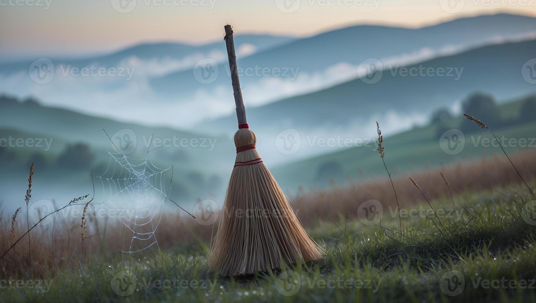 Broom Standing in Misty Field with Mountains and Spider Web photo