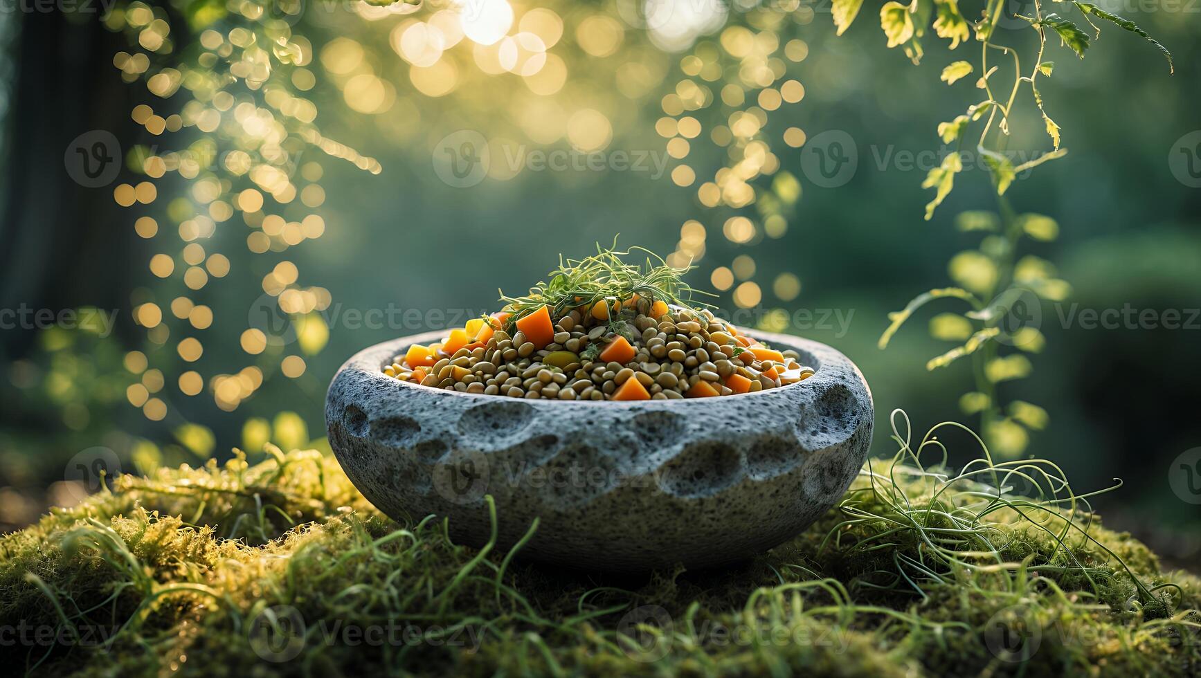 Serving of Lentil and Vegetable Dish in a Natural Outdoor Setting photo