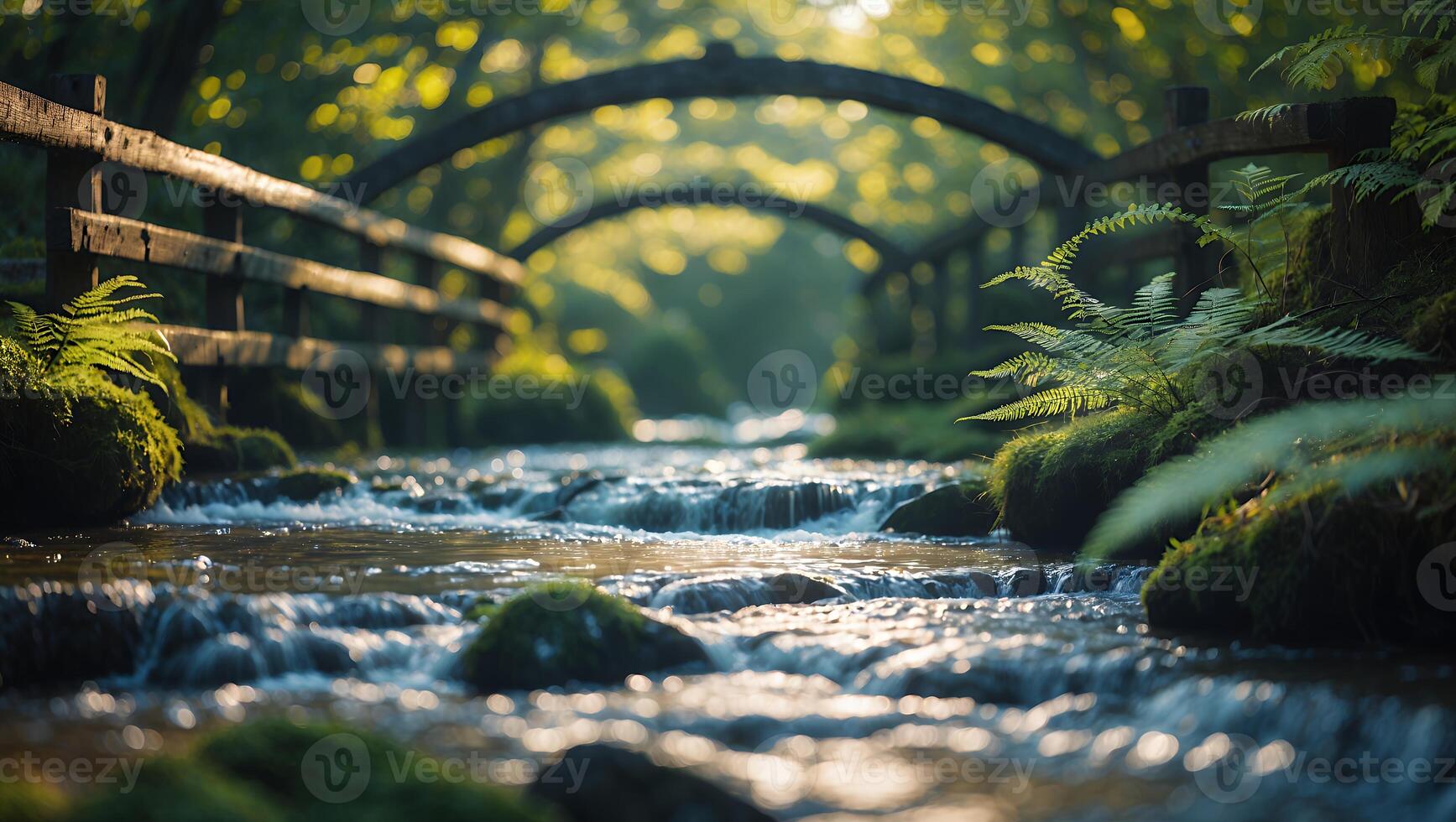 Flowing Stream and Wooden Bridge in Tranquil Forest Setting photo