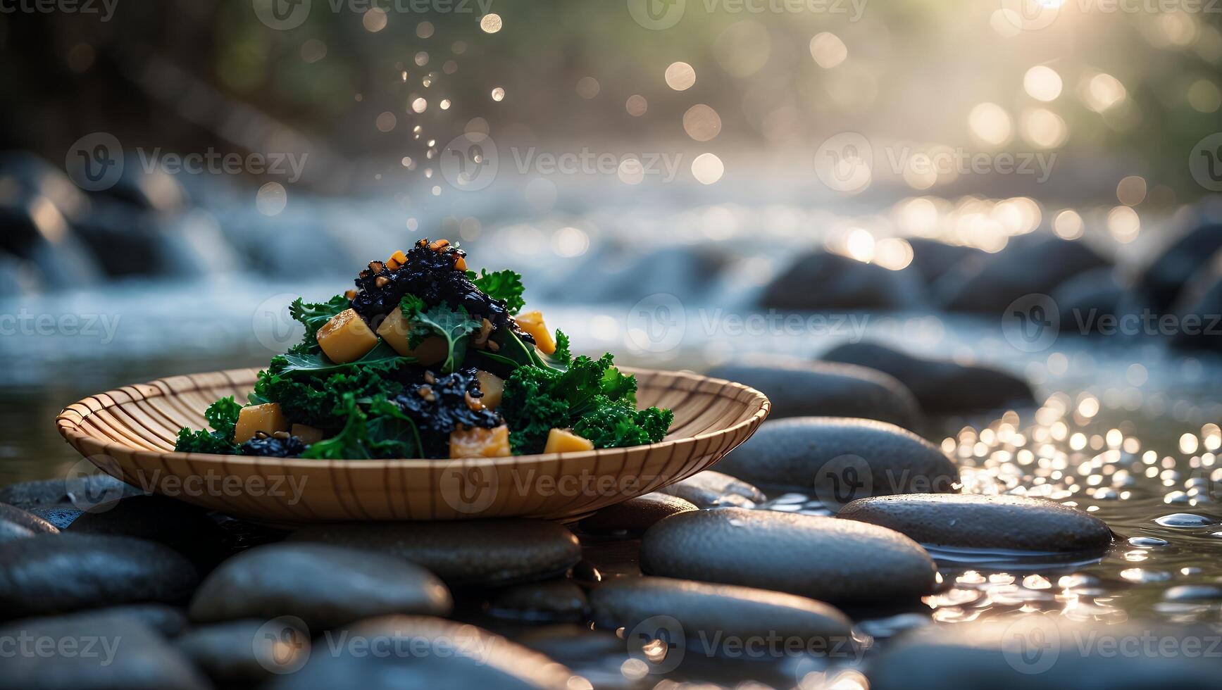 Kale Salad with Fruit on River Rocks by Flowing Water photo