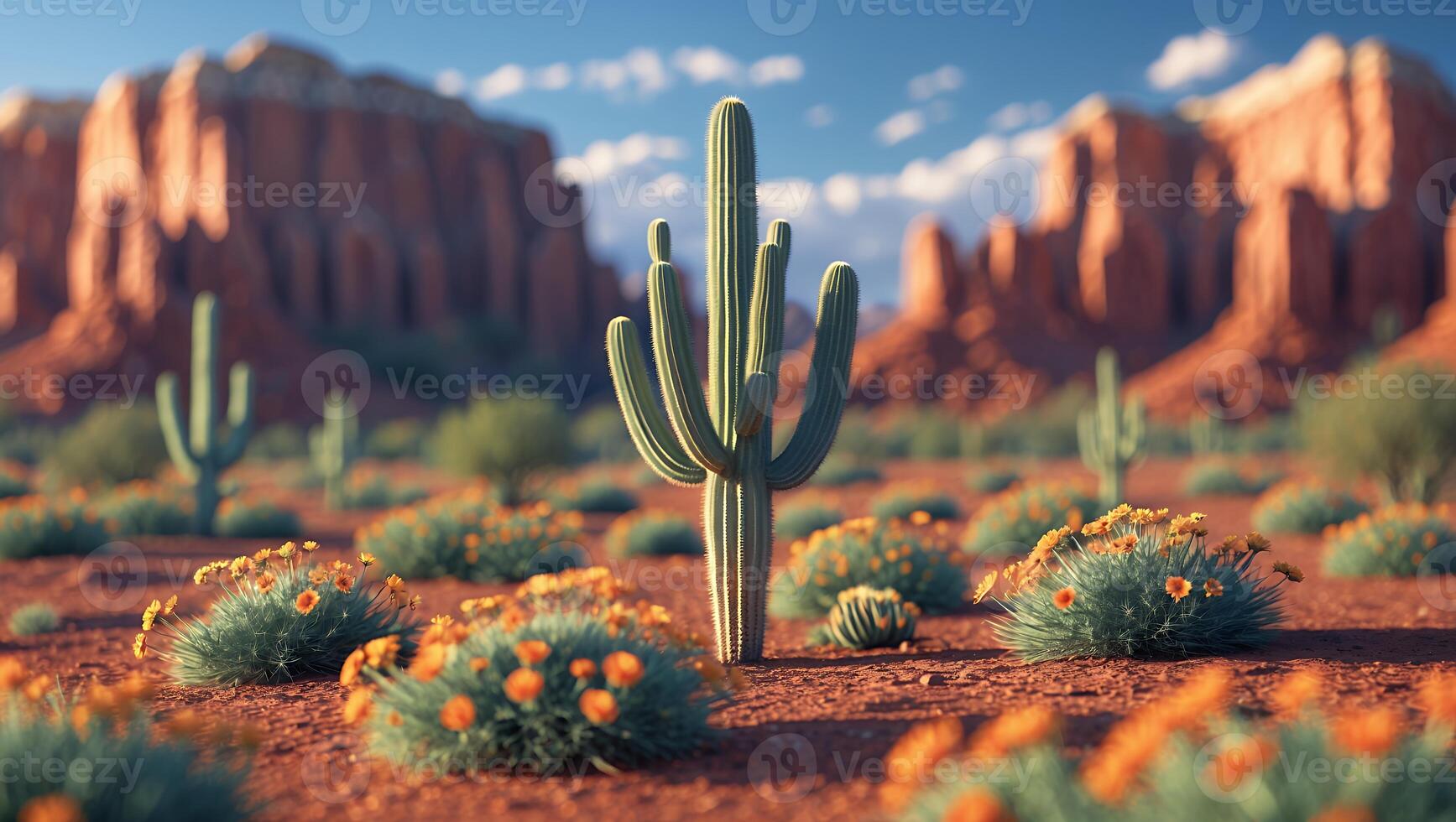 Cactus Standing in Desert Landscape with Distant Rock Formations photo