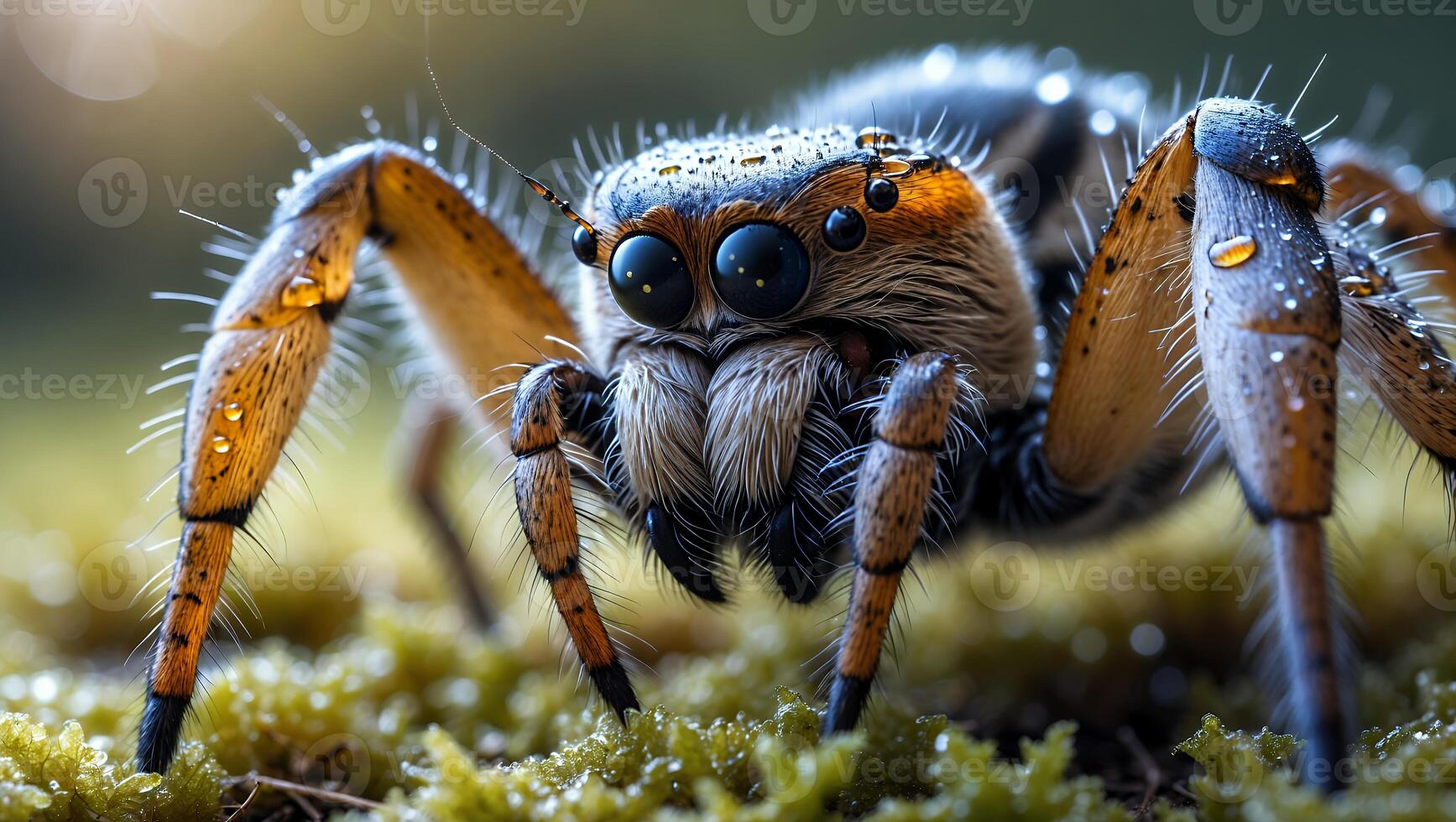 Jumping Spider Macro Closeup on Moss with Water Droplets on Body photo