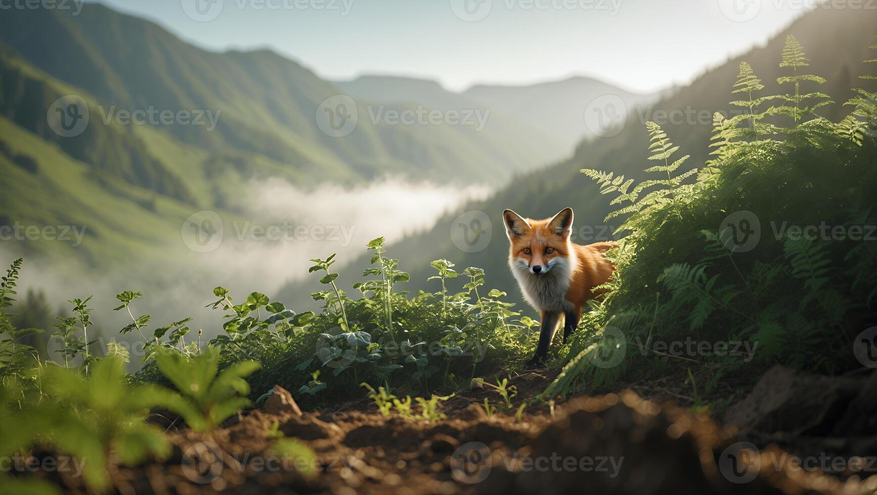 Fox in Mountain Landscape with Ferns and Mist on Sunny Day photo