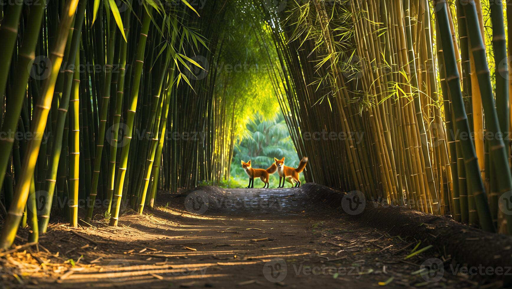 Two Foxes Standing in Bamboo Forest Path Lit by Bright Sunlight photo