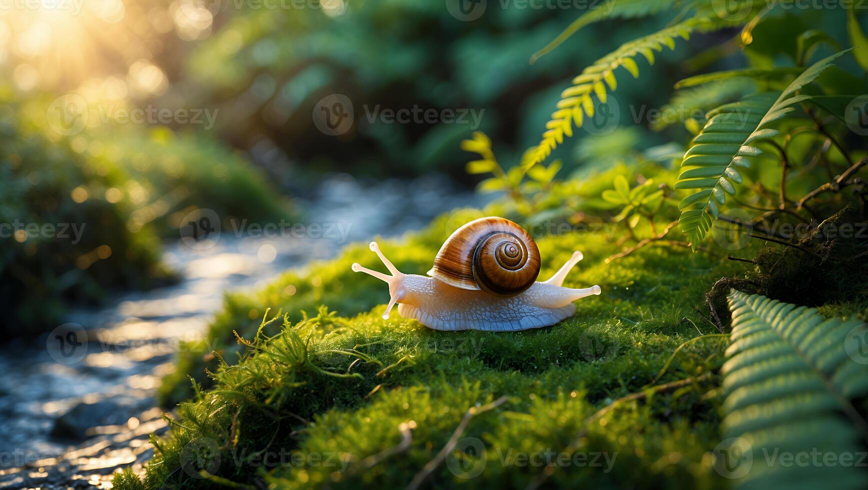 Snail Crawling on Moss in a Lush Green Forest Landscape photo