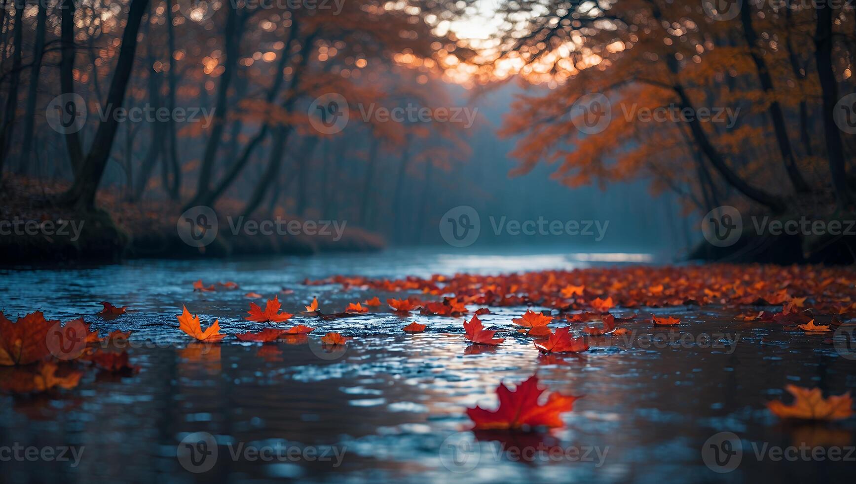 Autumn Maple Leaves Floating on River Reflecting Forest at Dusk photo