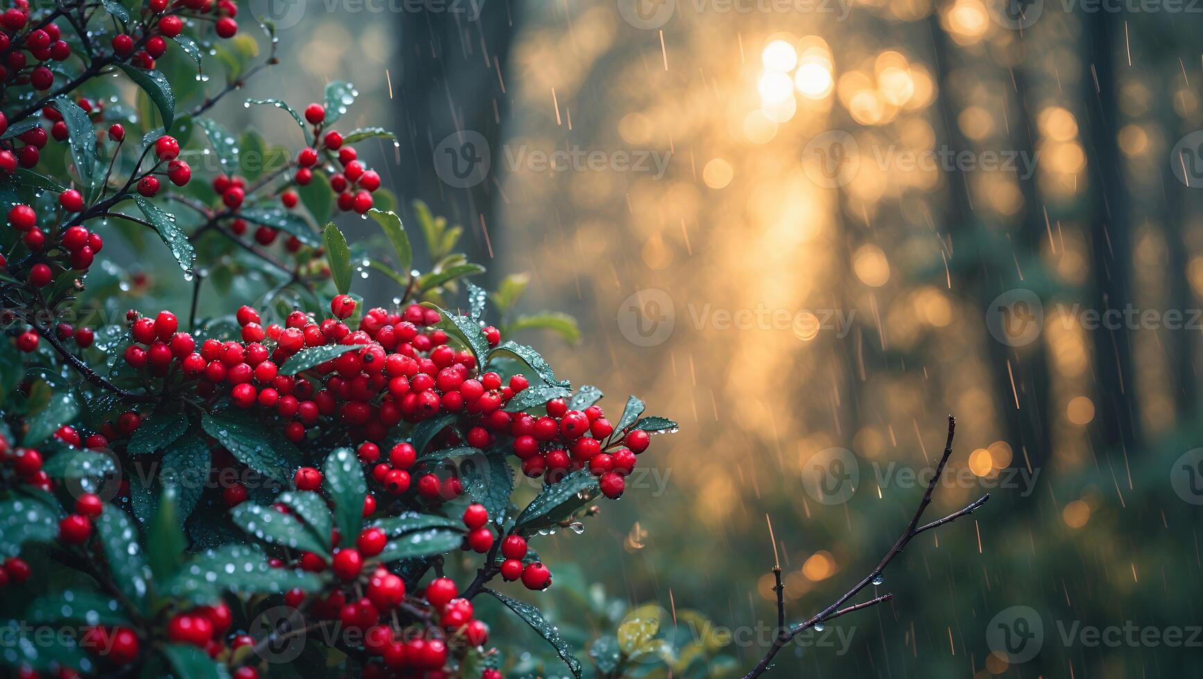 Red Berries Bush in Rain with Bokeh Light Through Forest Trees photo