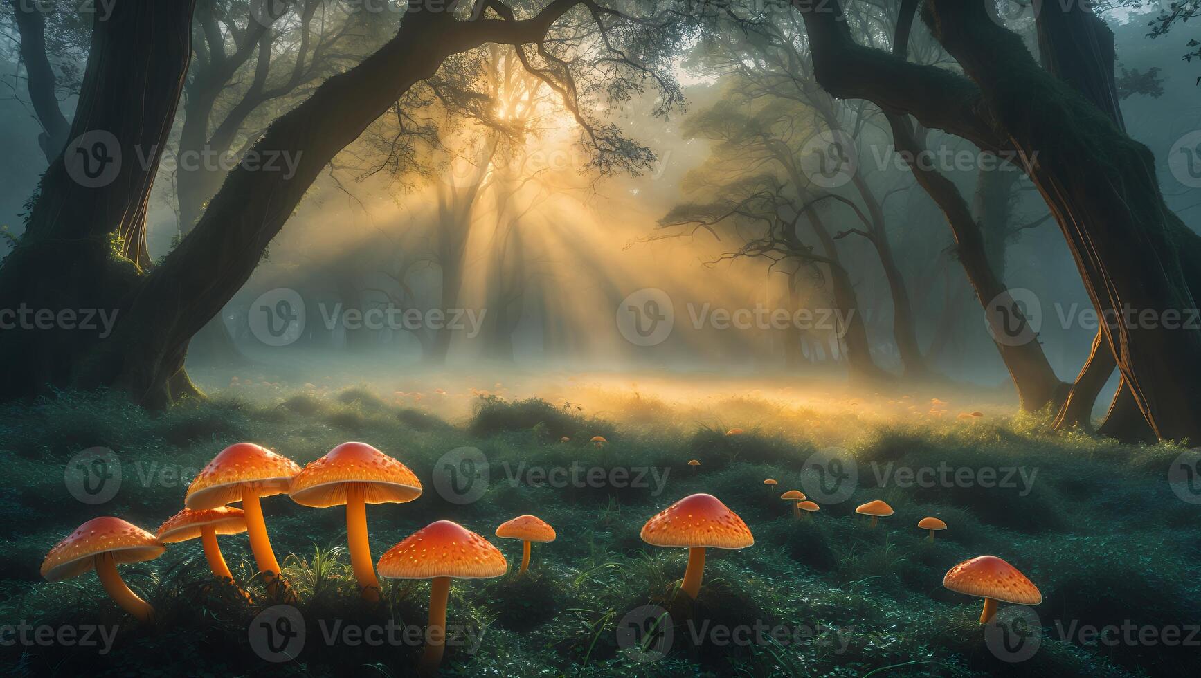 Illuminated Forest Meadow with Red Mushrooms and Misty Morning Light photo