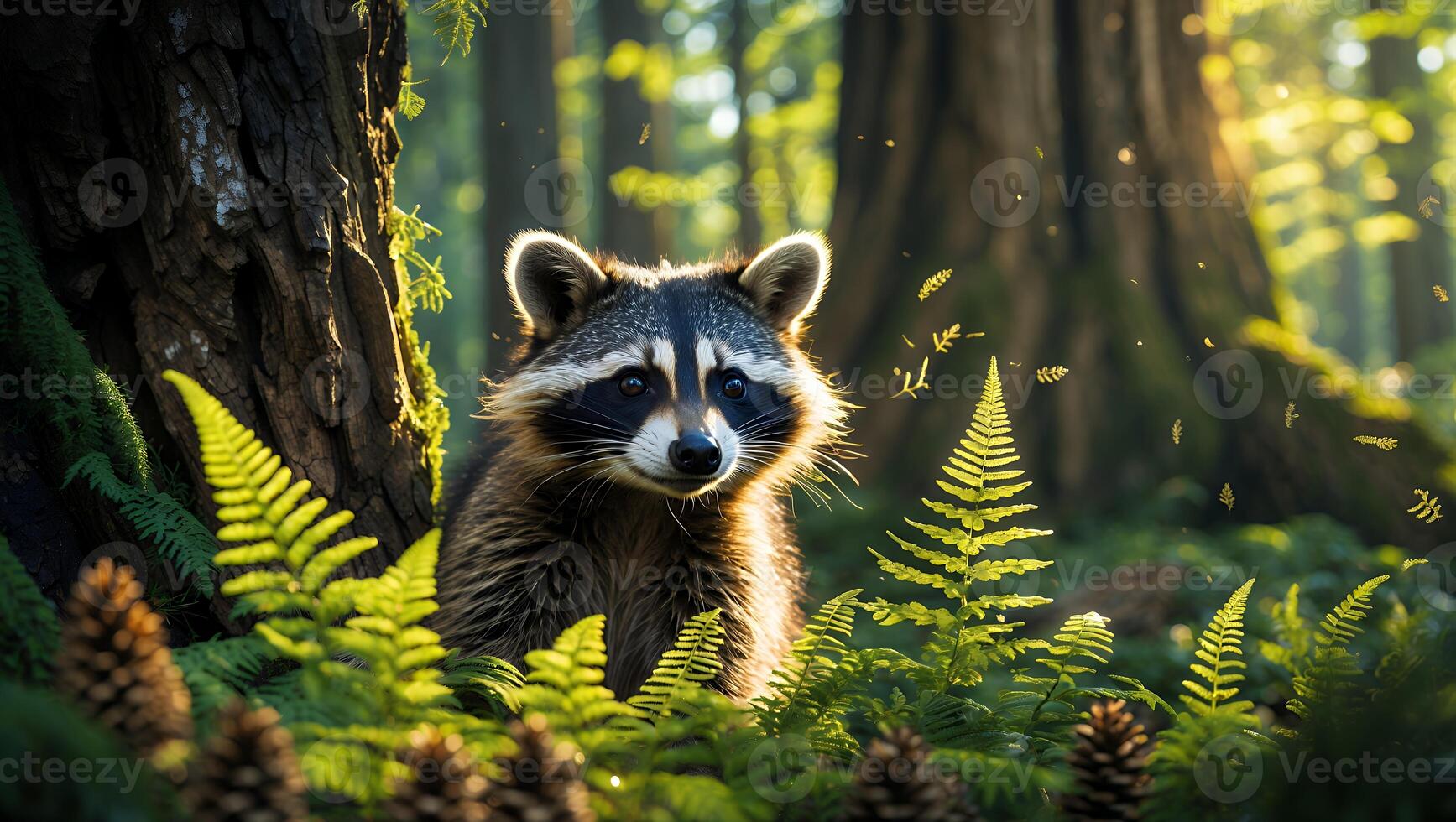 Raccoon Staring From Ferns in Forest with Sunlight Shining Through photo