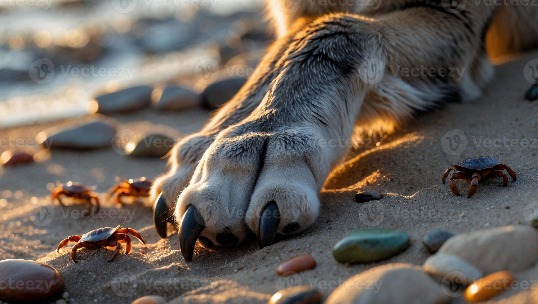 Dog Paw Resting on Sandy Beach with Crabs and Smooth Stones photo