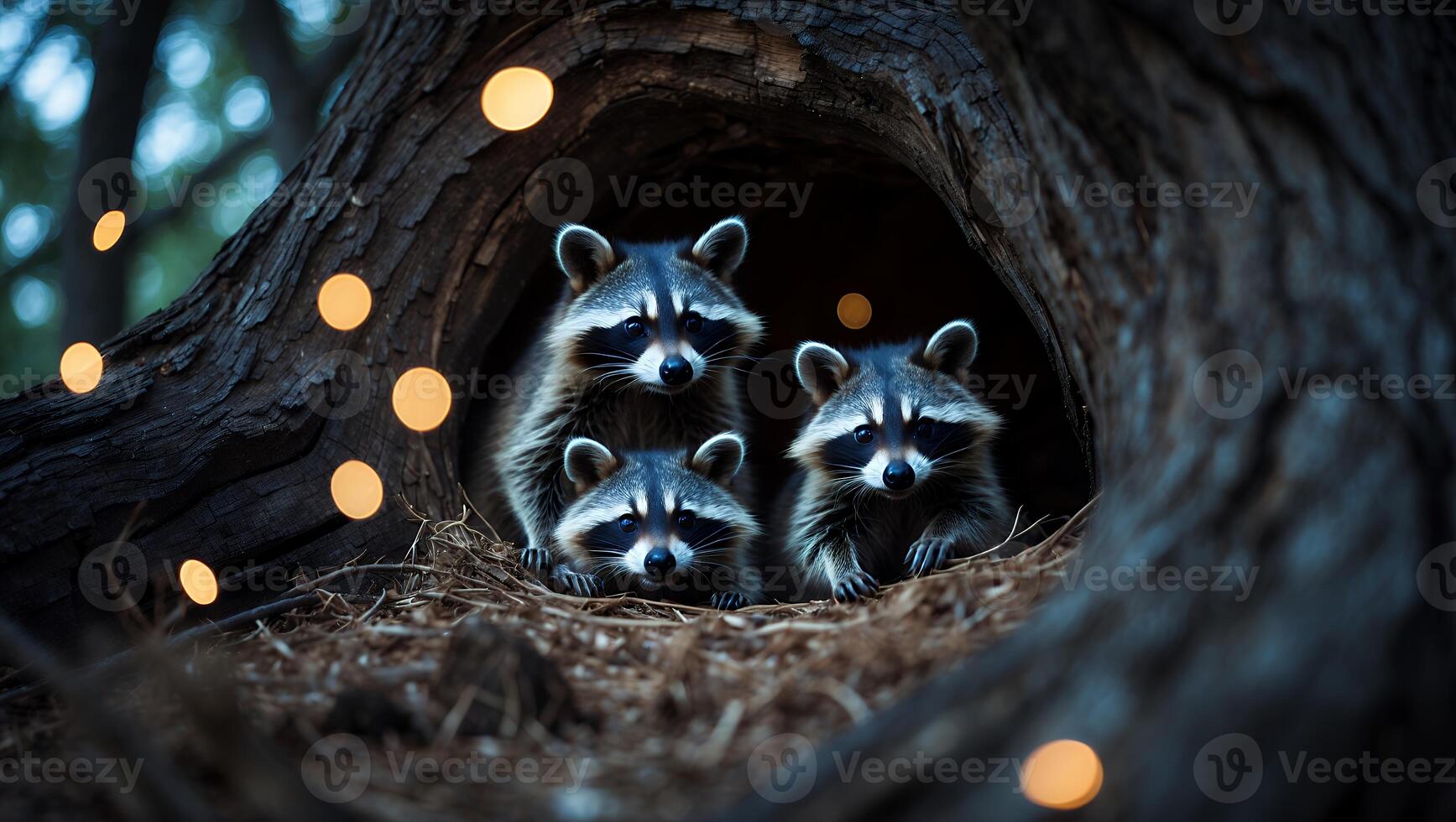 Raccoons in Tree Hollow Looking Out at Glowing Orb Lights photo
