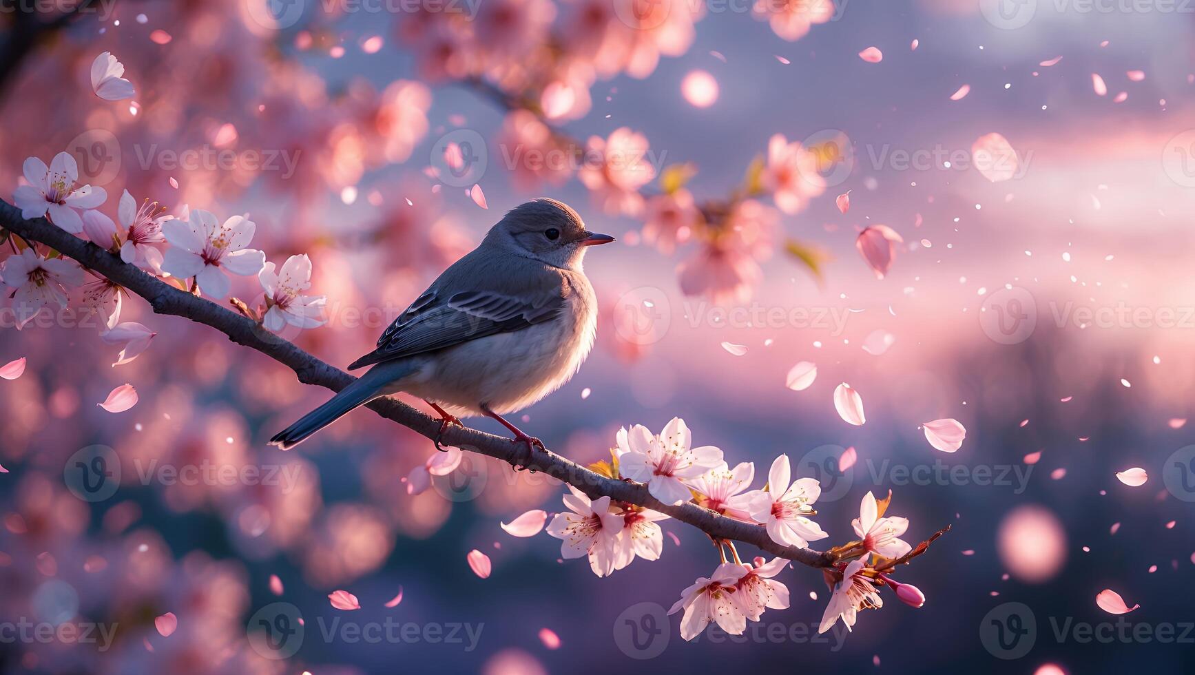 Bird Resting on Blooming Branch with Falling Petals in Springtime photo