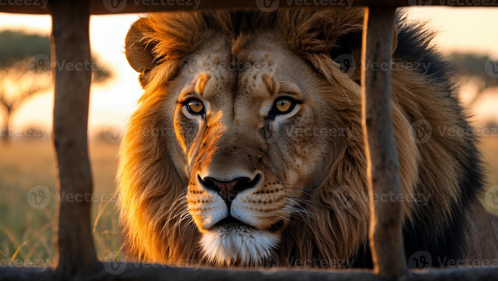 Majestic Lion Portrait Gaze Behind Wooden Bars in Golden Light photo