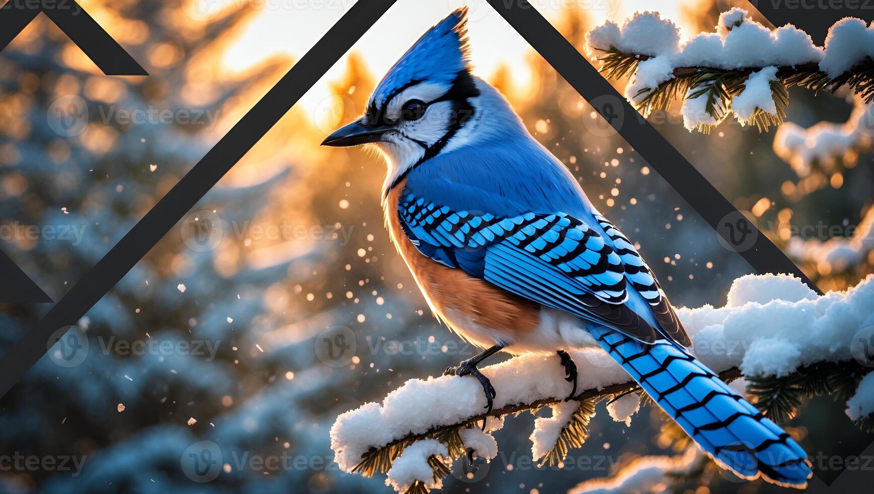 Blue Jay Resting on Snowy Branch in Winter Forest Scene photo