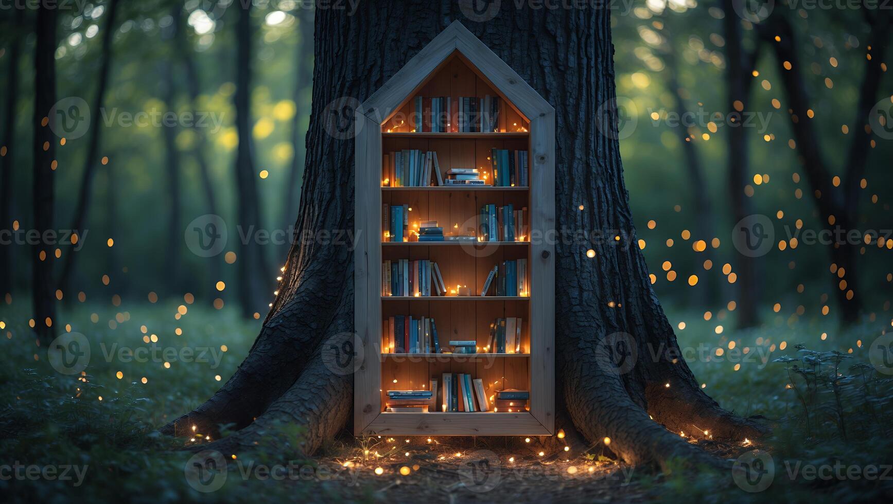 Bookshelf in Tree Trunk Lit by Fairy Lights in Forest photo