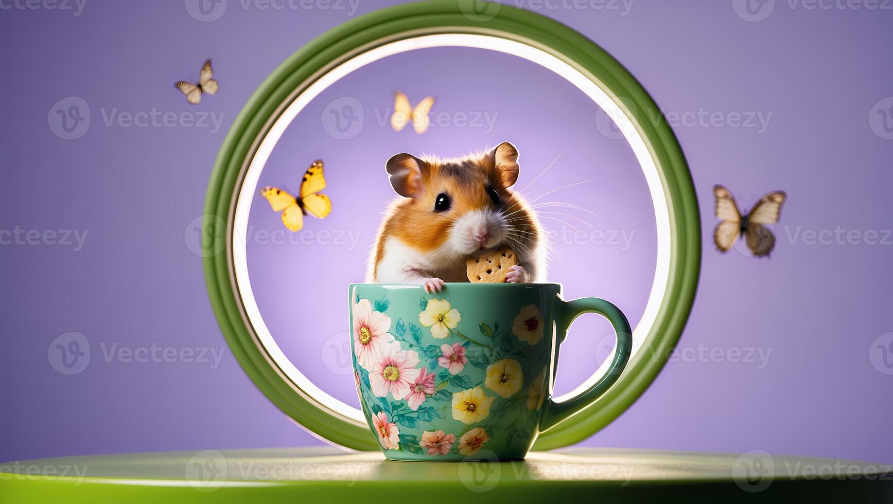 Hamster Eating Cookie Inside Floral Teacup with Butterflies and Circle photo