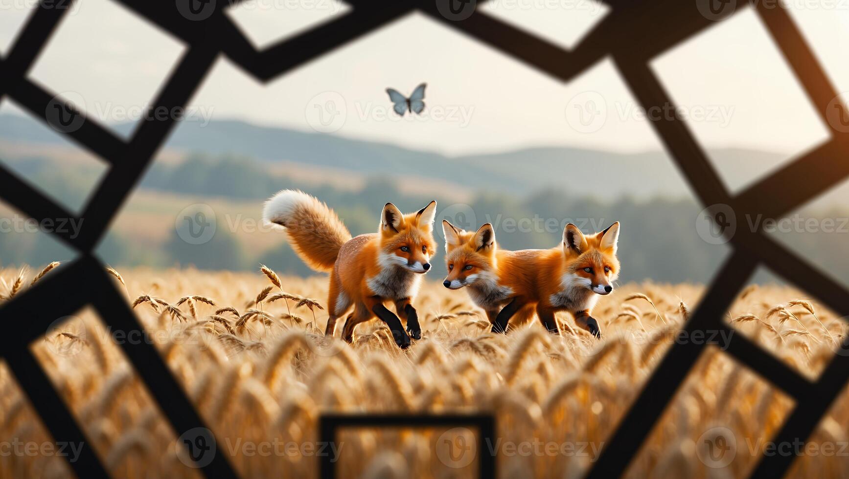 Foxes Running in Golden Wheat Field Framed by Abstract Shapes photo