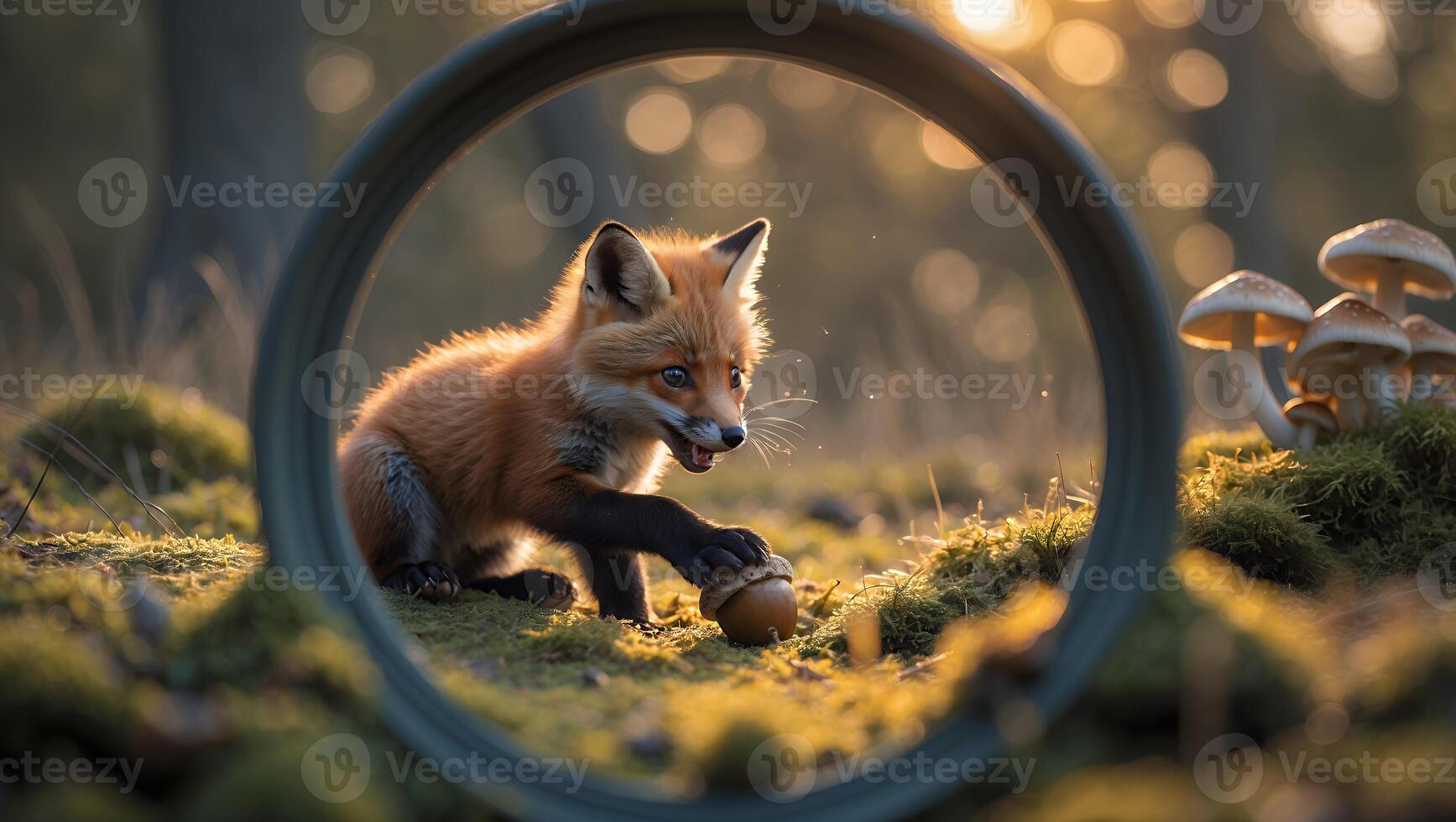 Fox Cub Playing with Acorn in Sunny Forest Through Circular Frame photo
