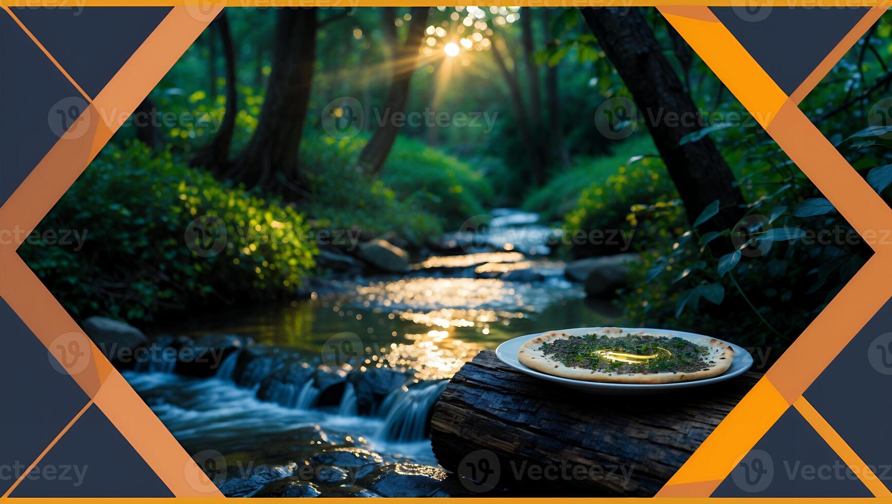 Flatbread with Herb Topping by Flowing Stream in Forest at Sunset photo