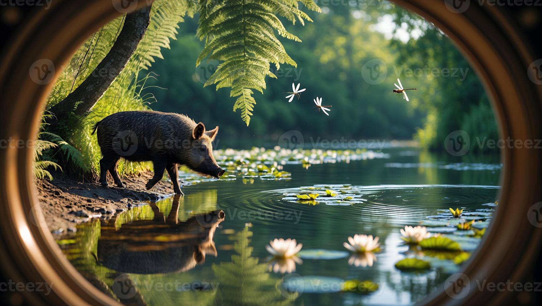 Wild Boar Drinking Water From a Lake with Lily Pads photo