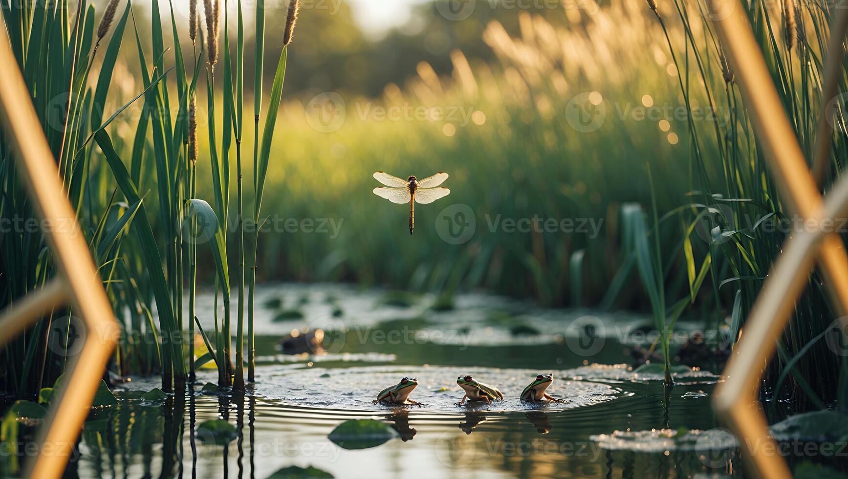 Dragonfly Flying Above Pond with Reeds and Frogs in Nature photo