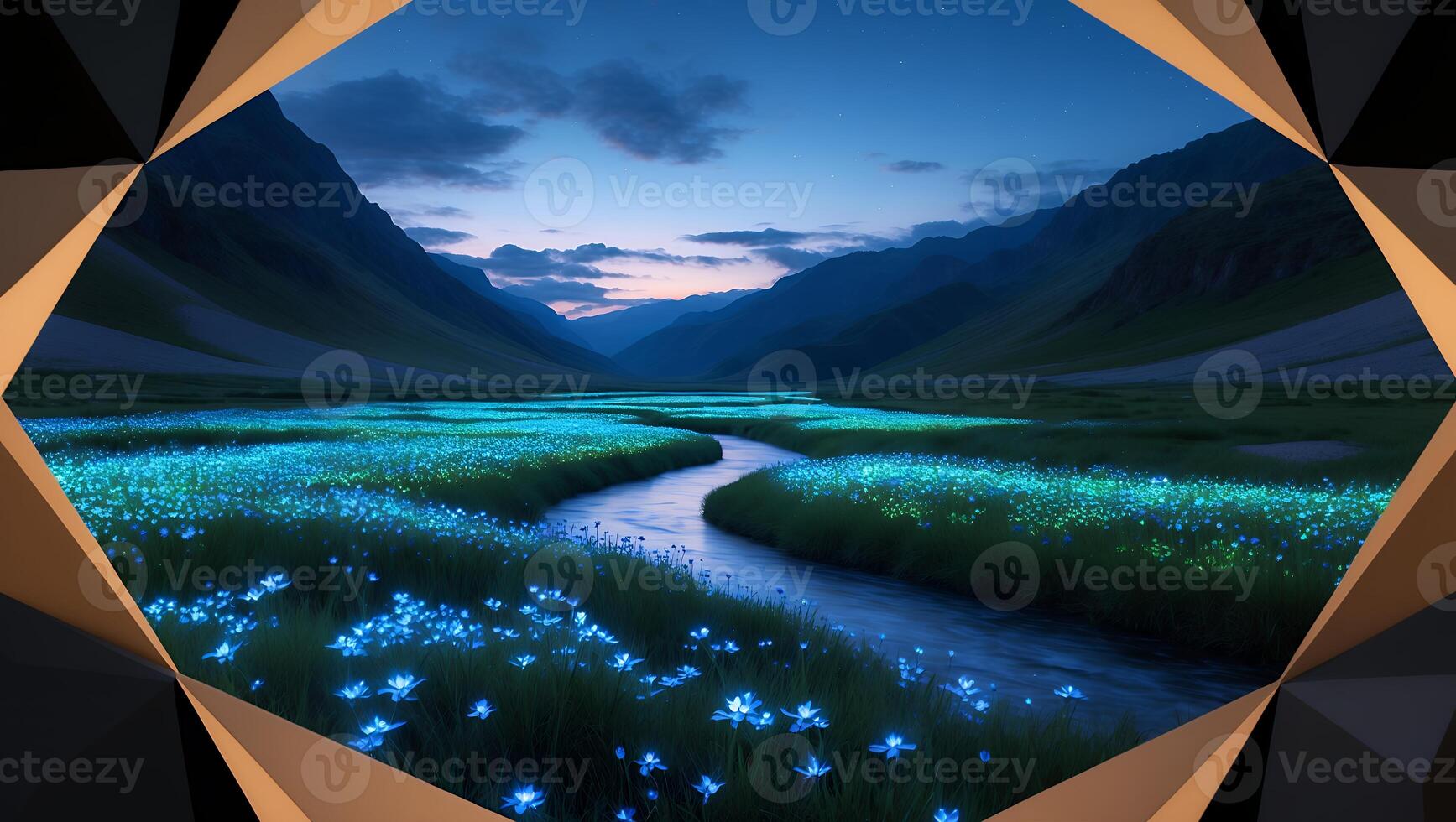 Glowing Flowers Along a Flowing Stream in a Mountain Valley photo