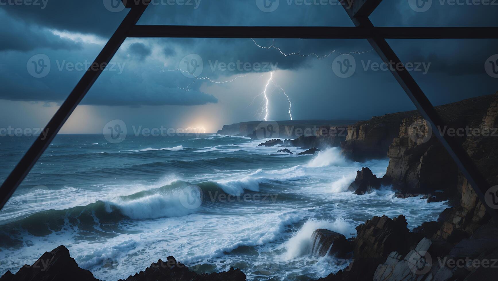 Dramatic Seascape with Lightning Storm Over Cliffs and Crashing Waves photo