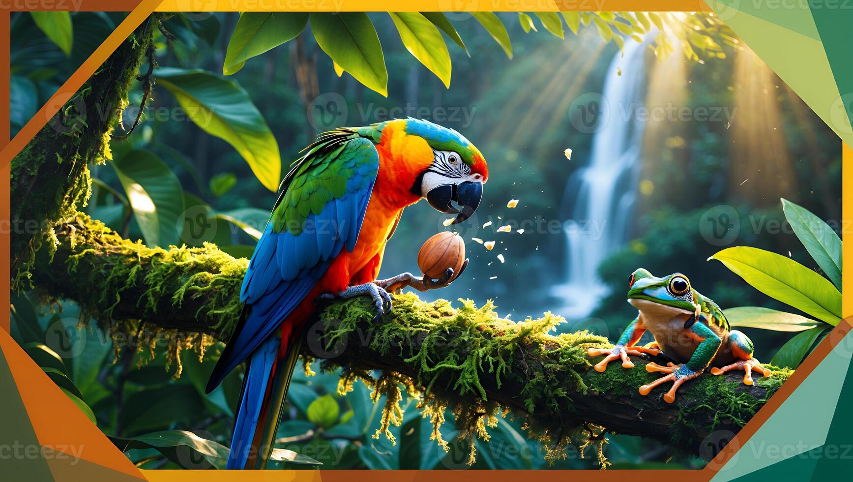 Colorful Macaw Eating Nut Near Waterfall with Tropical Frog photo
