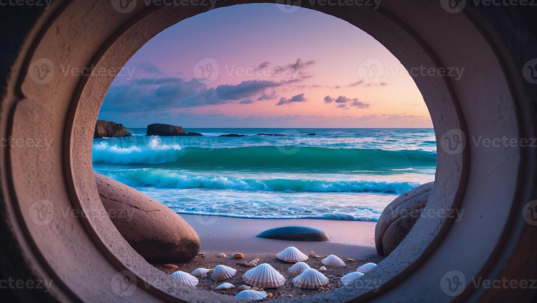 Ocean View Through Concrete Circle with Seashells at Sunset photo