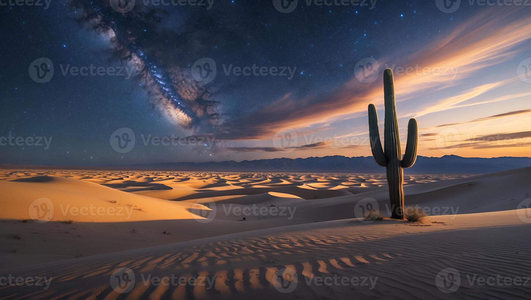 Cactus Standing in Sandy Desert Landscape Under Starry Night Sky photo