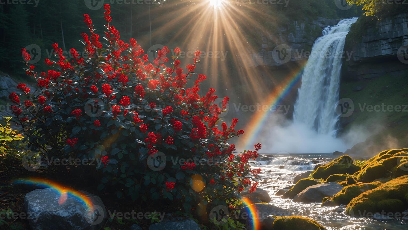 Waterfall with Red Flowering Bush and Rainbow in Sunlight photo