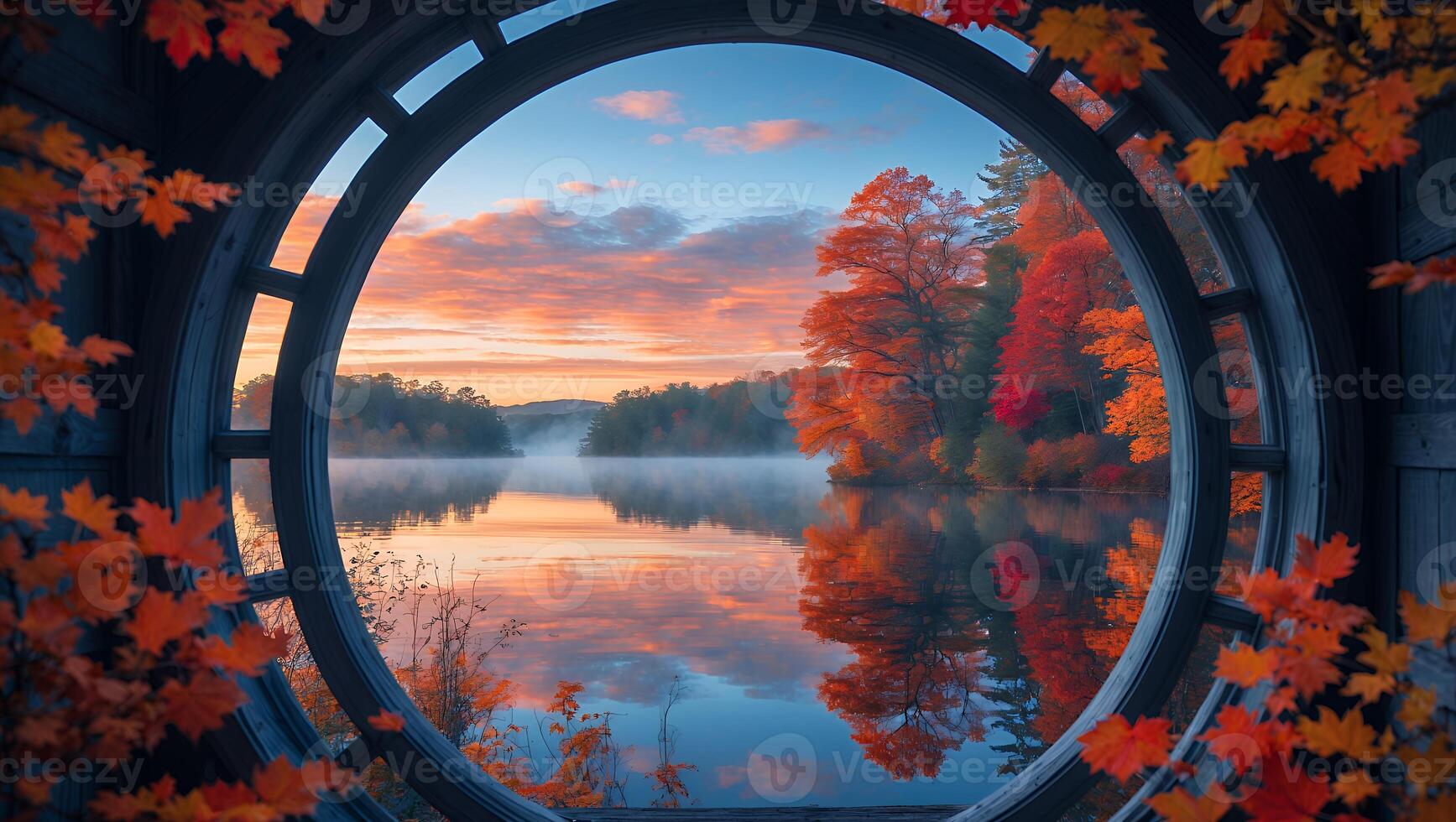 Autumn Foliage Reflecting in Lake Waters Through a Round Window photo