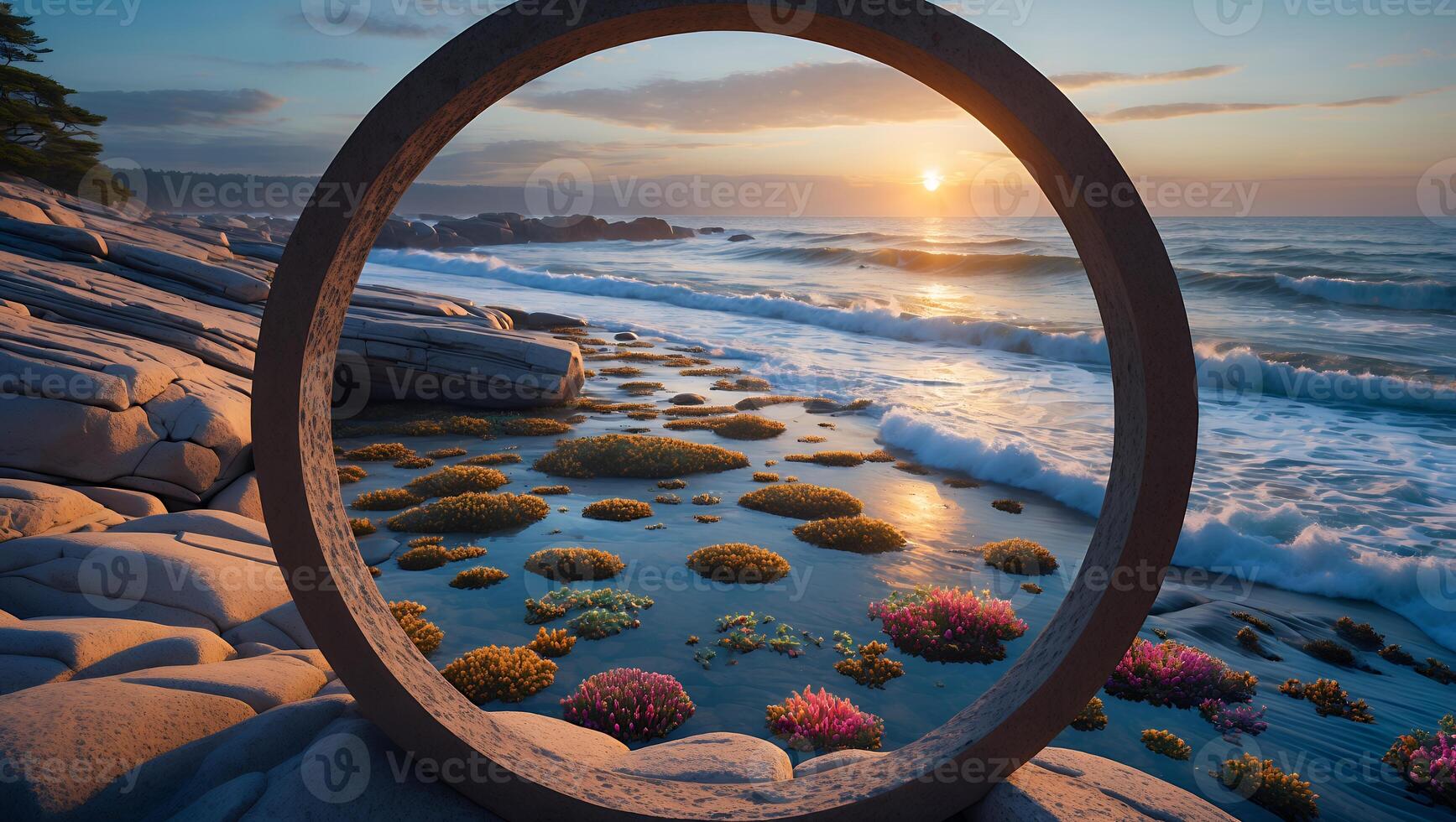 Coastal Sunset Framed by a Stone Circle Overlooking Tide Pools photo
