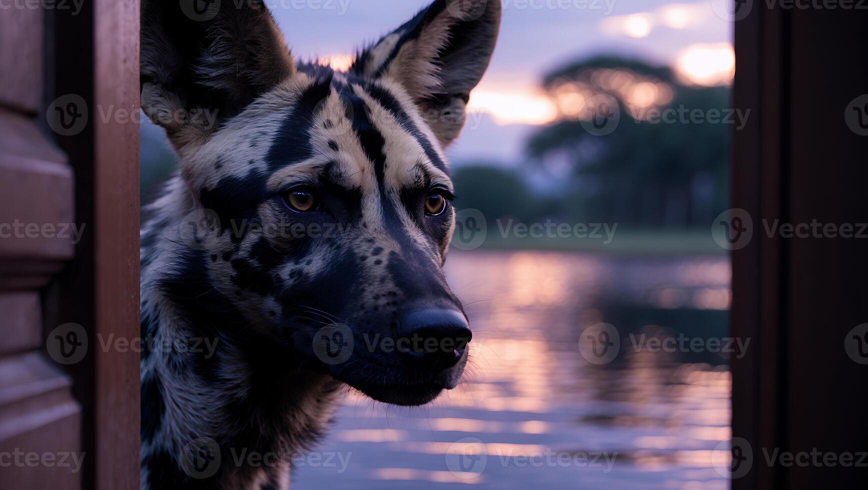 Painted Dog Looking Over Lake at Dusk Observing Nature photo