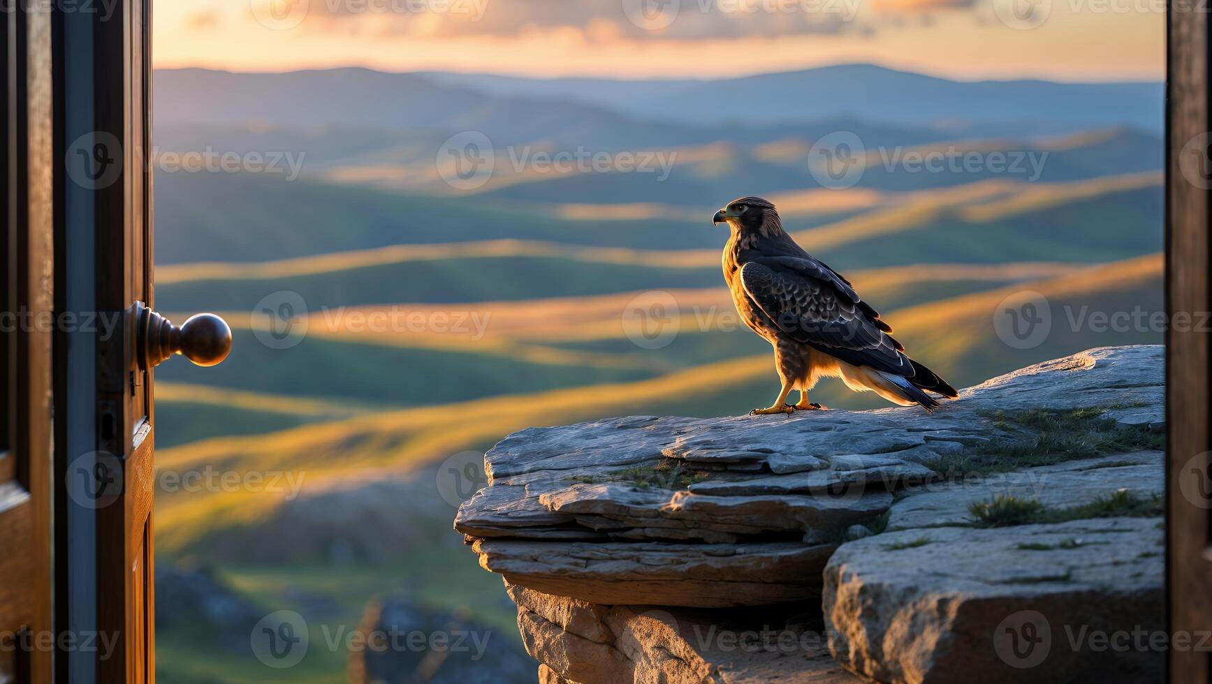 Hawk Standing on Rock Ledge Near Open Door with Mountain View photo