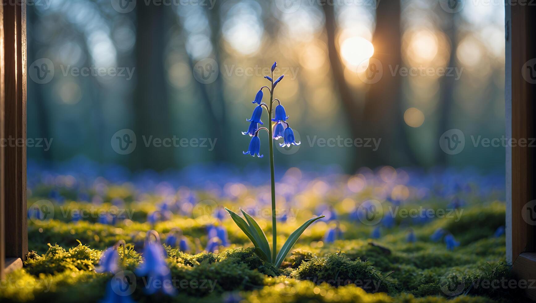 Blooming Bluebell Flower in Forest Sunlight Glistening on Moss photo