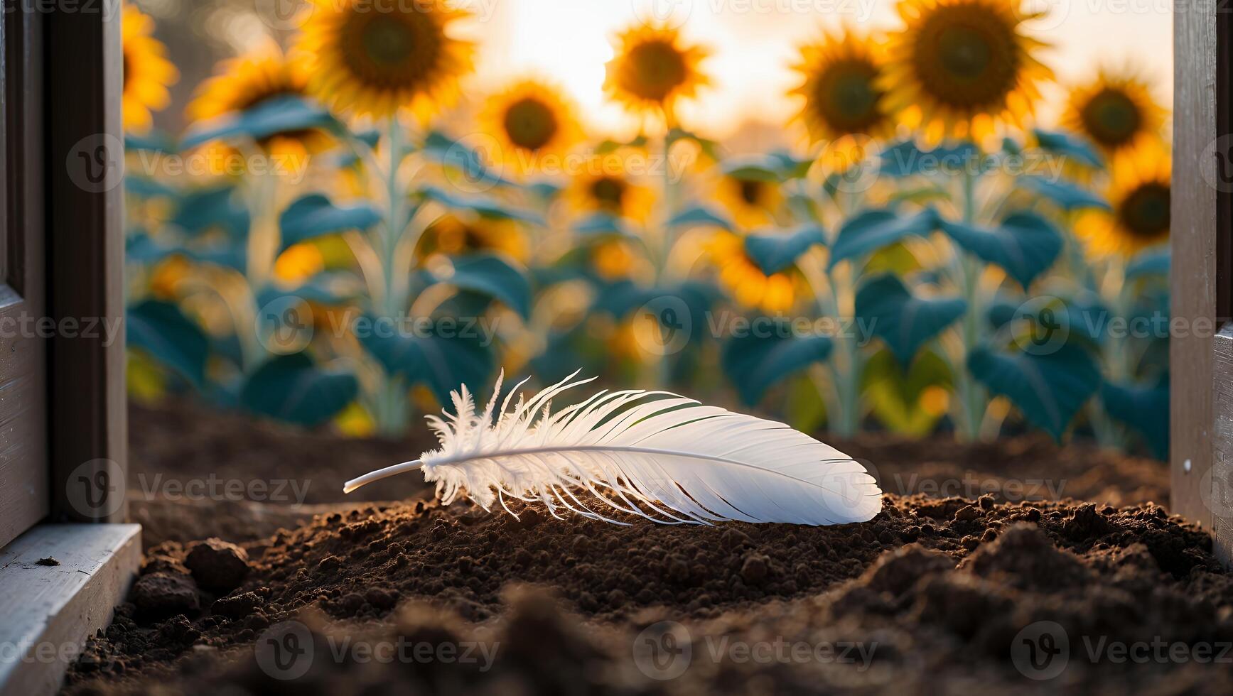 Feather Resting on Soil with Sunflower Field in Background View photo
