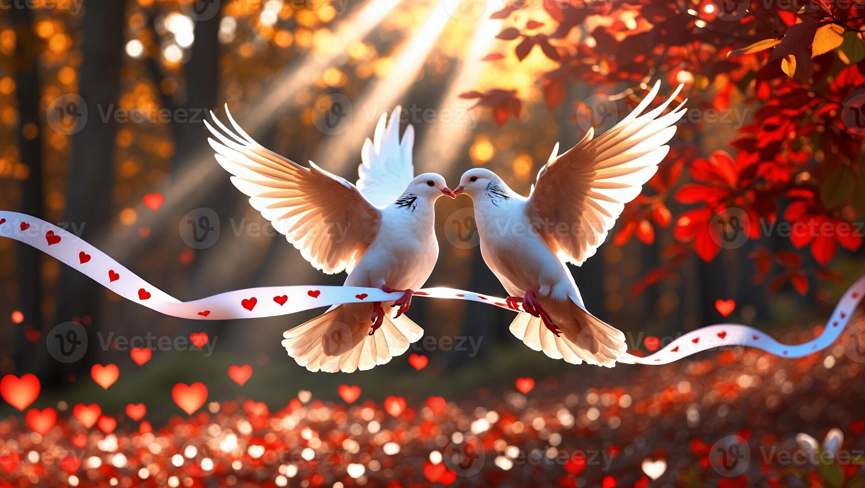 Pair of Doves Perched on Heart Ribbon in a Romantic Scene photo