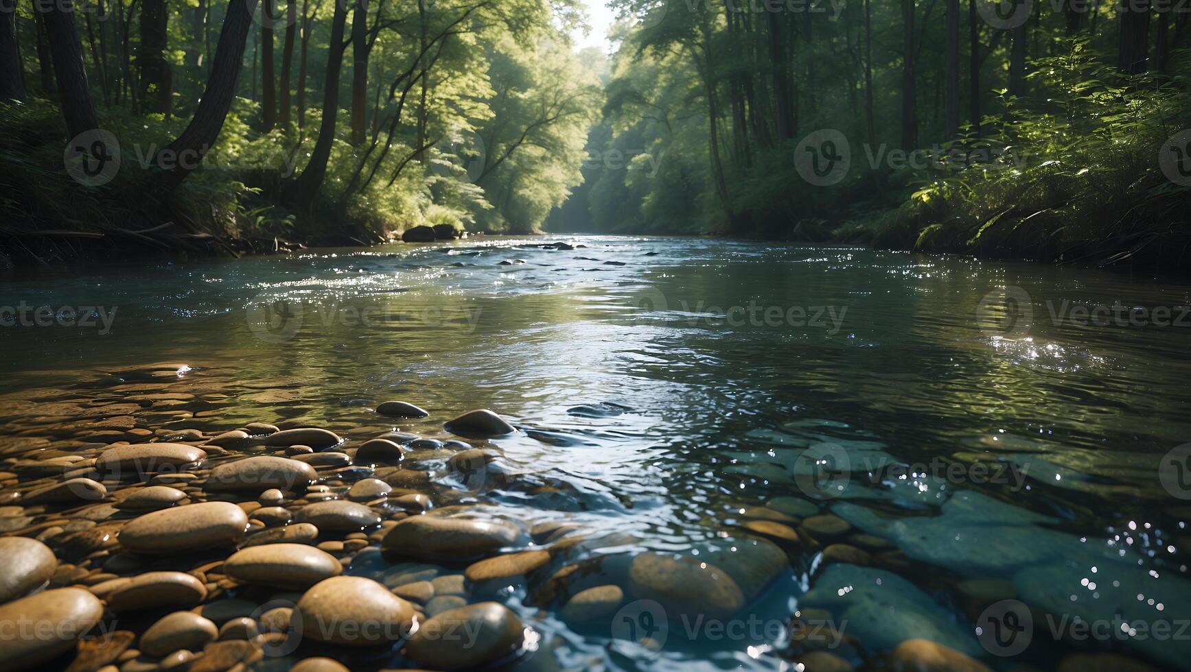 River Flowing Through Forest with Pebbles and Clear Water Reflection photo