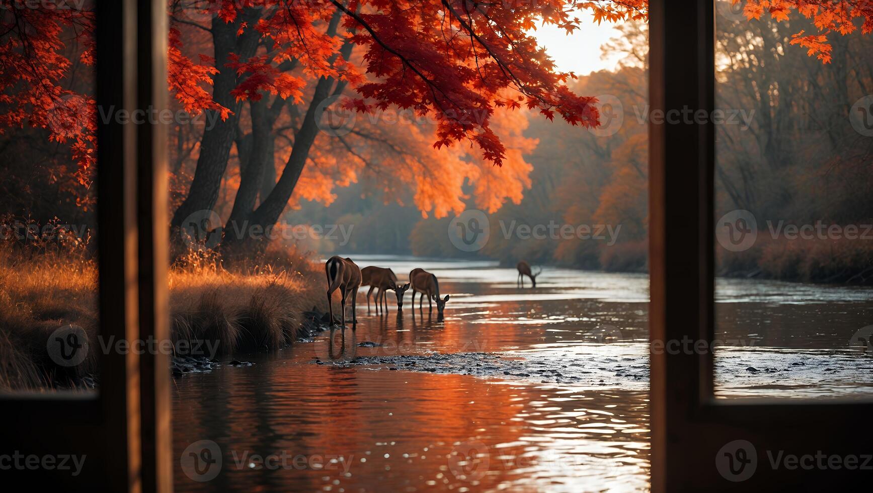 Deer Drinking Water River Autumn Foliage From Window Viewpoint photo