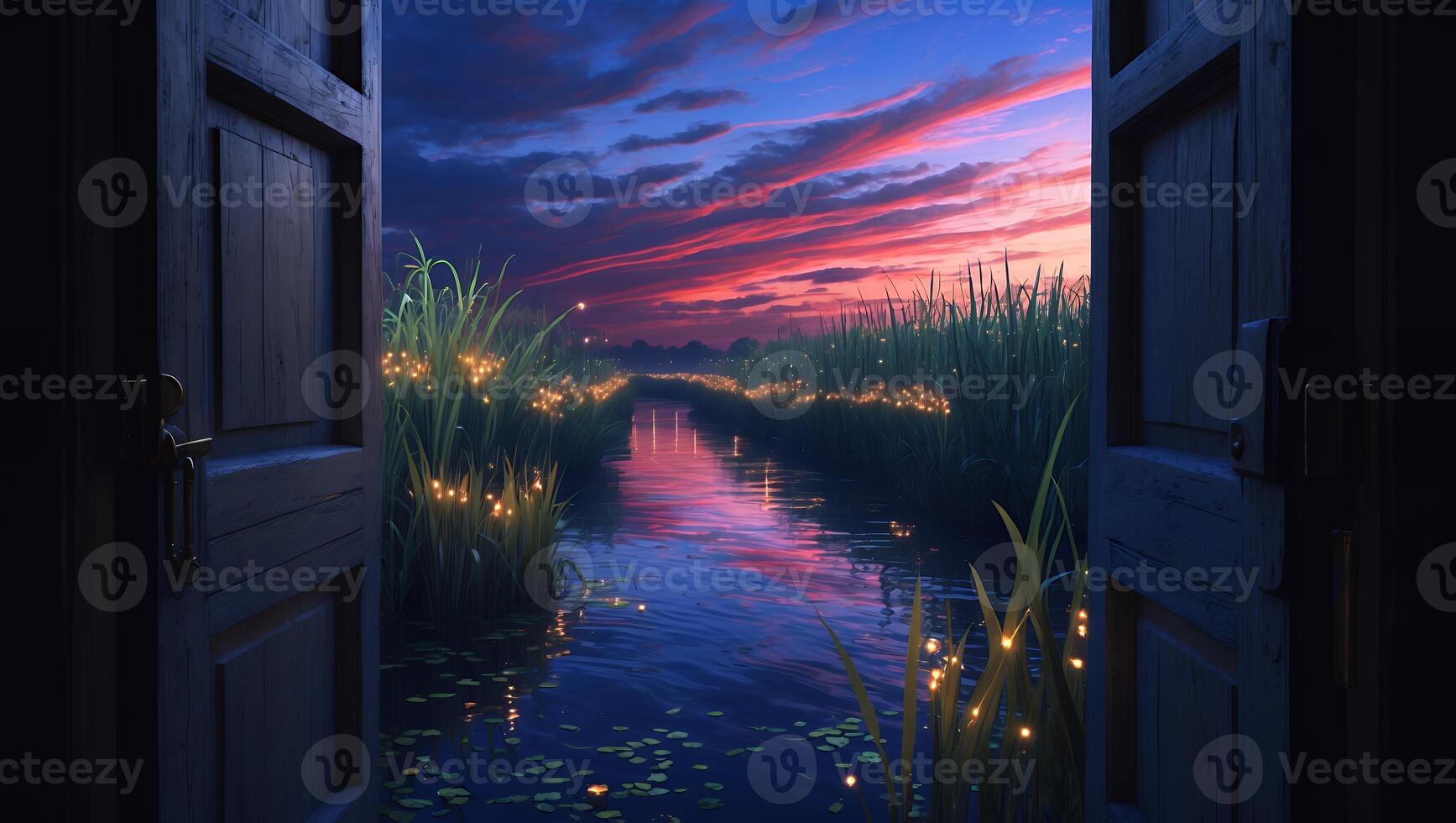 Open Door Reveals Serene River Landscape with Twilight Sky Reflection photo