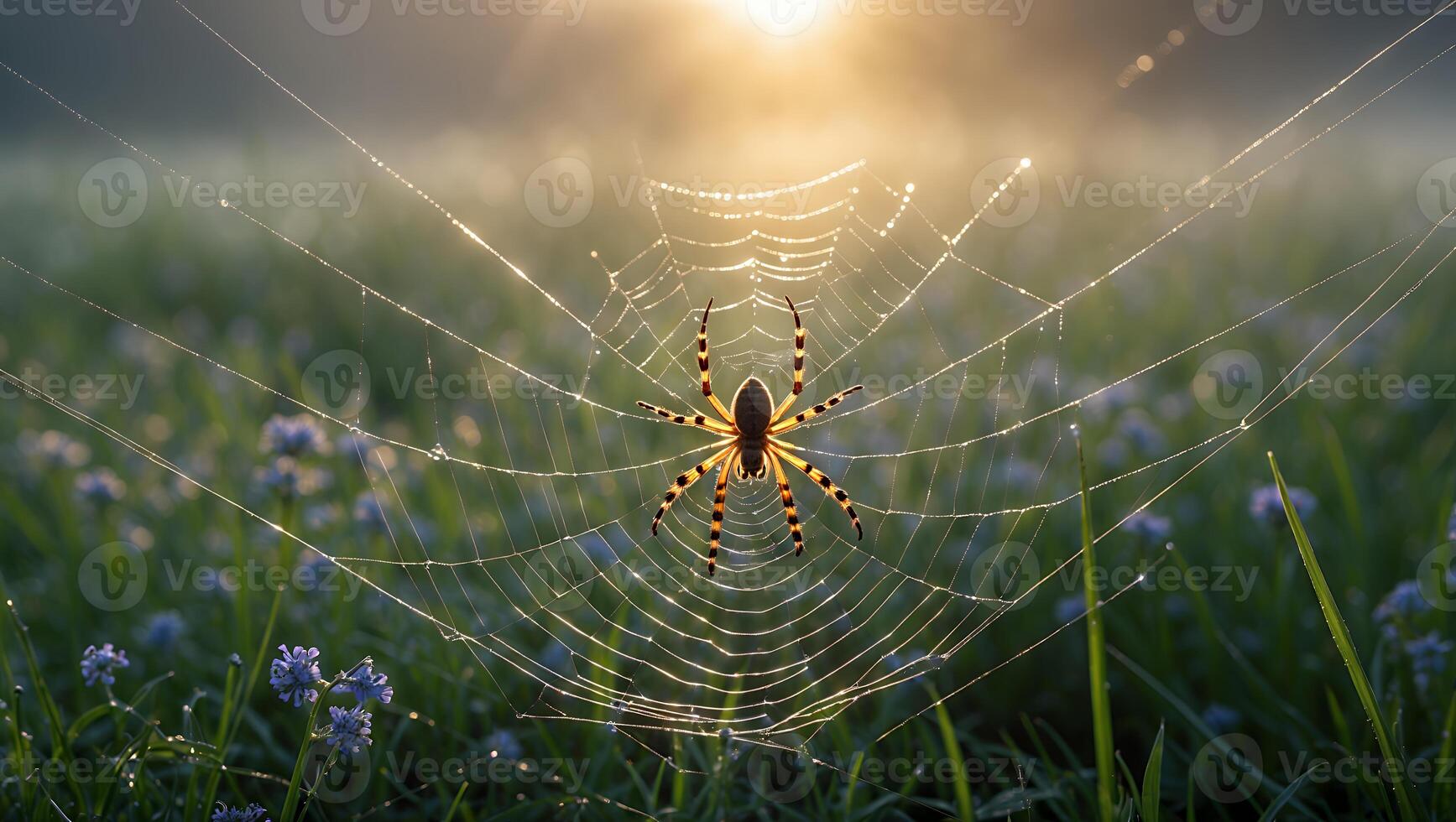 Spider in Web at Sunrise in Meadow with Dew and Flowers photo