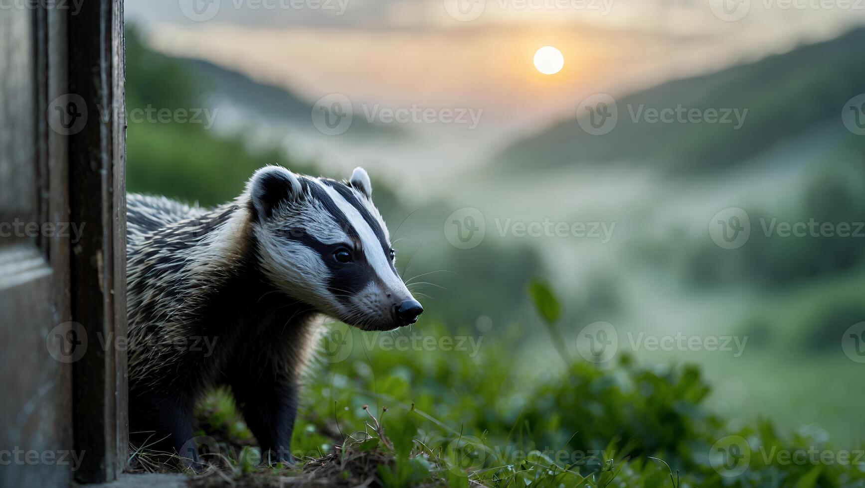 Badger Emerging From Doorway Overlooking Misty Valley at Sunrise photo