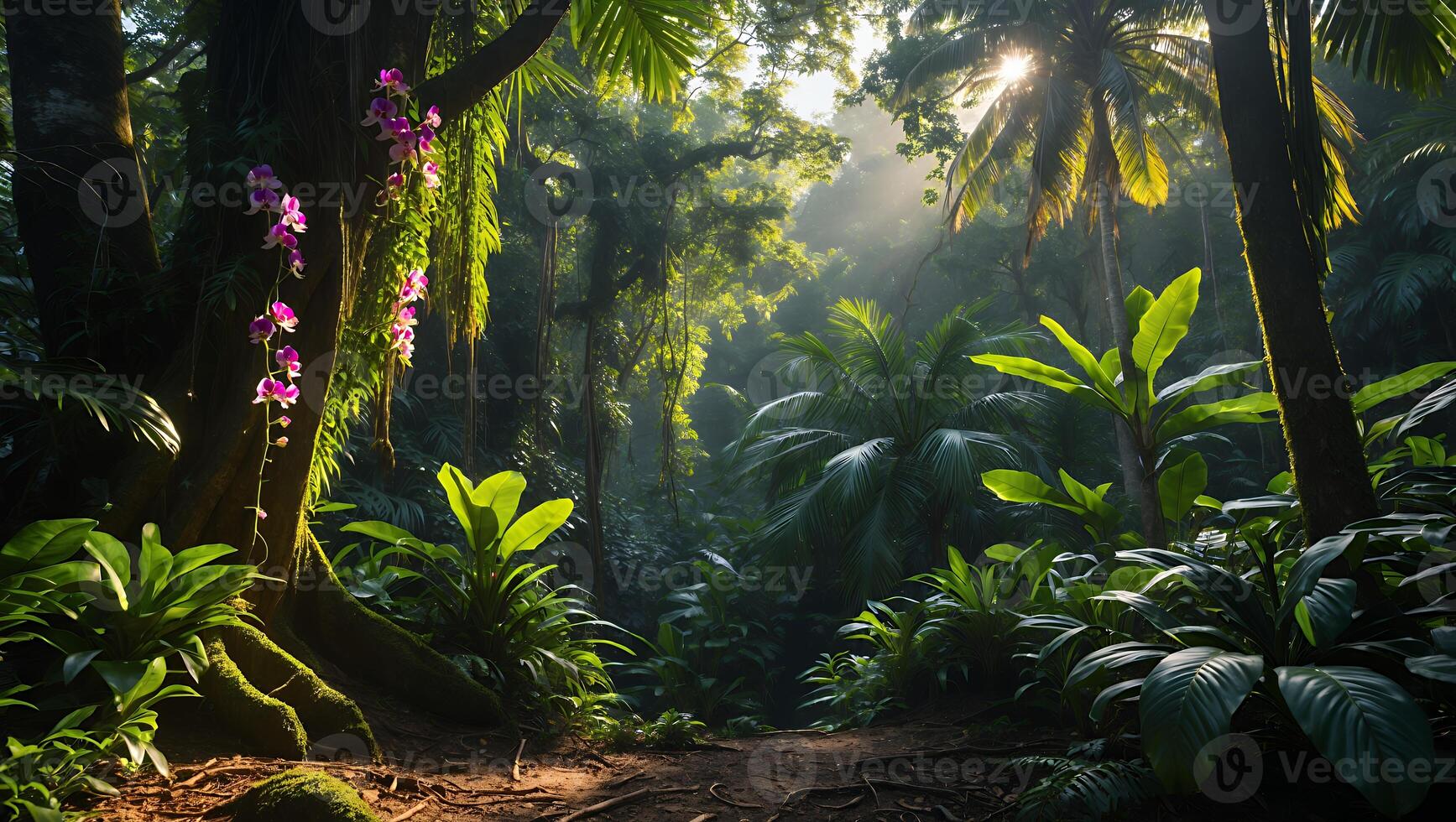 Walking Through Lush Tropical Jungle with Sunlight Filtering Through Canopy photo