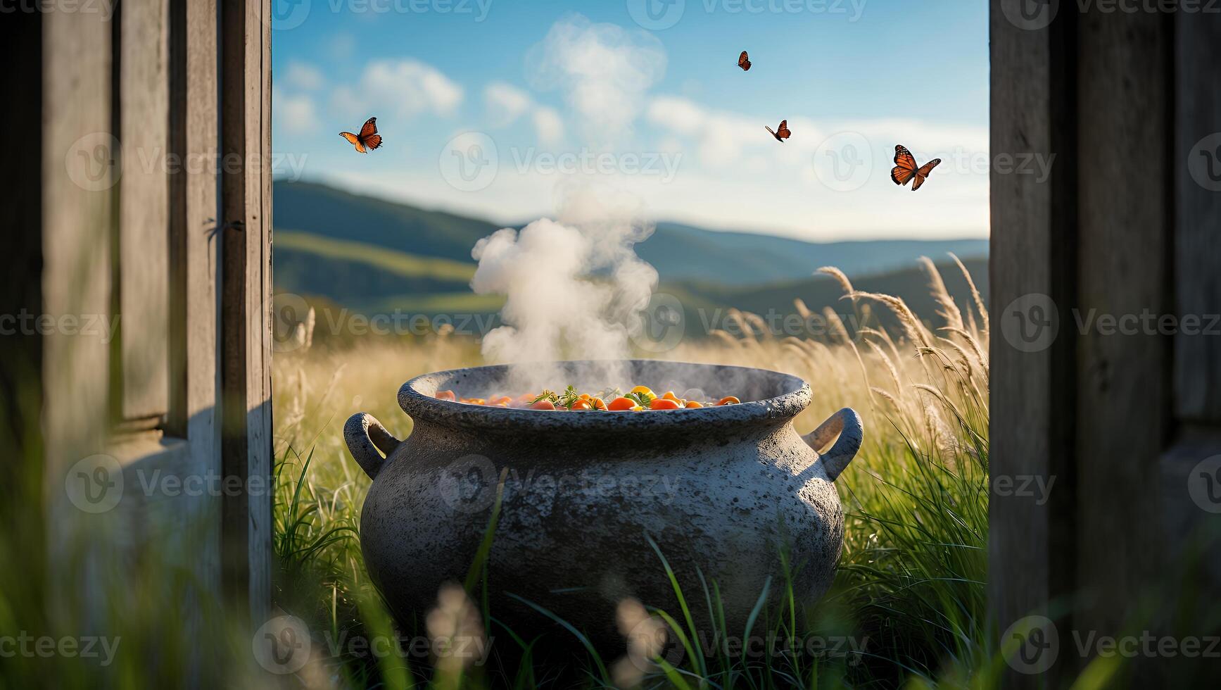 Cooking in Nature Open Door to Mountain View with Butterflies photo