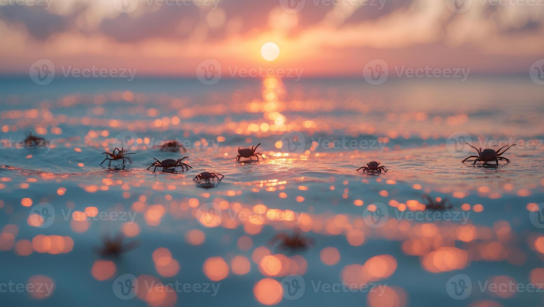 Crabs Wading Through Ocean at Sunset with Warm Light Reflections photo