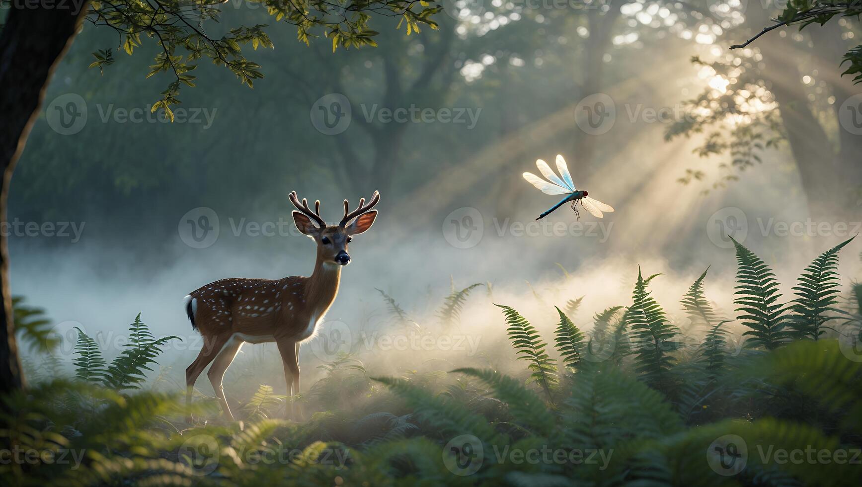 Deer Standing in Forest with Dragonfly and Misty Sunbeams photo