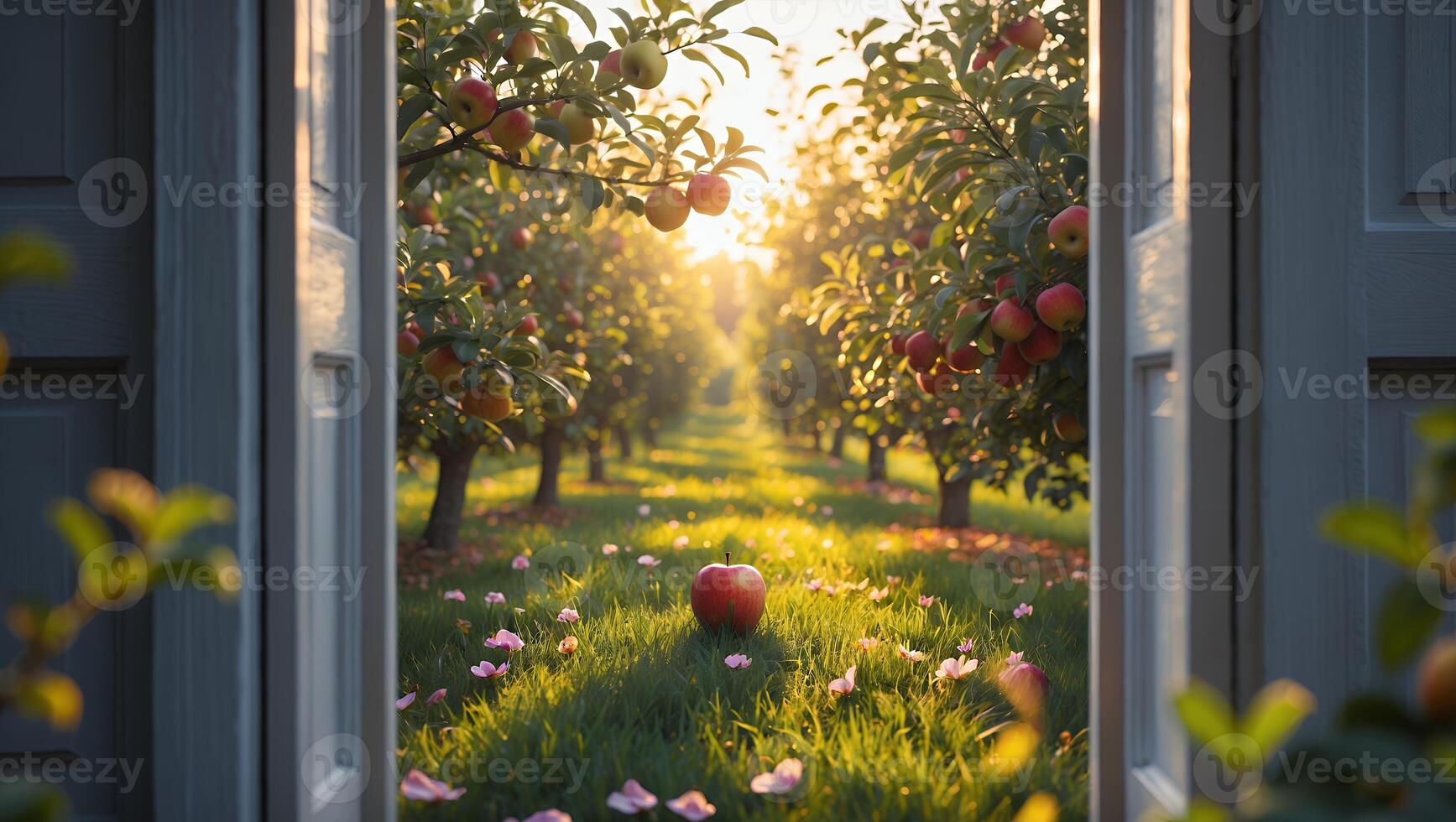 Viewing Apple Orchard Through Open Door with Single Apple on Ground photo